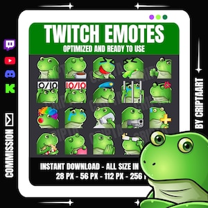 Puede incluir: Un gráfico digital que presenta una colección de emotes de Twitch de ranas verdes con diversas expresiones. Se muestra el texto "TWITCH EMOTES" y "OPTIMIZED AND READY TO USE". La imagen también incluye el texto "INSTANT DOWNLOAD - ALL SIZE IN 28 PX - 56 PX - 112 PX - 256".