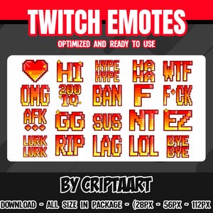 May include: A graphic featuring Twitch emotes in a pixelated style. The emotes include phrases like "HI," "OMG," "AFK," "GG," "SUS," and "EZ," rendered in orange and yellow. The image also includes social media icons and the text "TWITCH EMOTES."