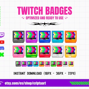 May include: A set of digital Twitch badges featuring retro television sets in ten different colors, each displaying a colorful test pattern screen. The text reads TWITCH BADGES, OPTIMIZED AND READY TO USE, and INSTANT DOWNLOAD (18PX - 36PX - 72PX).