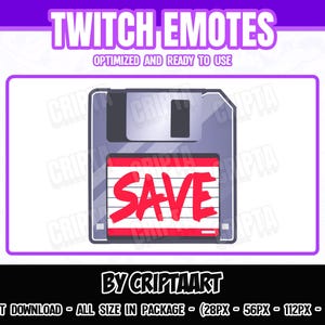 May include: A graphic for Twitch emotes featuring a gray floppy disk with the word "SAVE" in red. The image includes social media icons and text that reads "TWITCH EMOTES" and "OPTIMIZED AND READY TO USE".