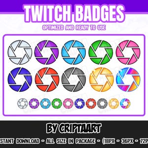 May include: Set of 10 Twitch badges featuring a camera lens design in various colors, including white, purple, blue, green, pink, yellow, and rainbow. The badges are optimized for use on Twitch and are available in three sizes: 18px, 36px, and 72px.