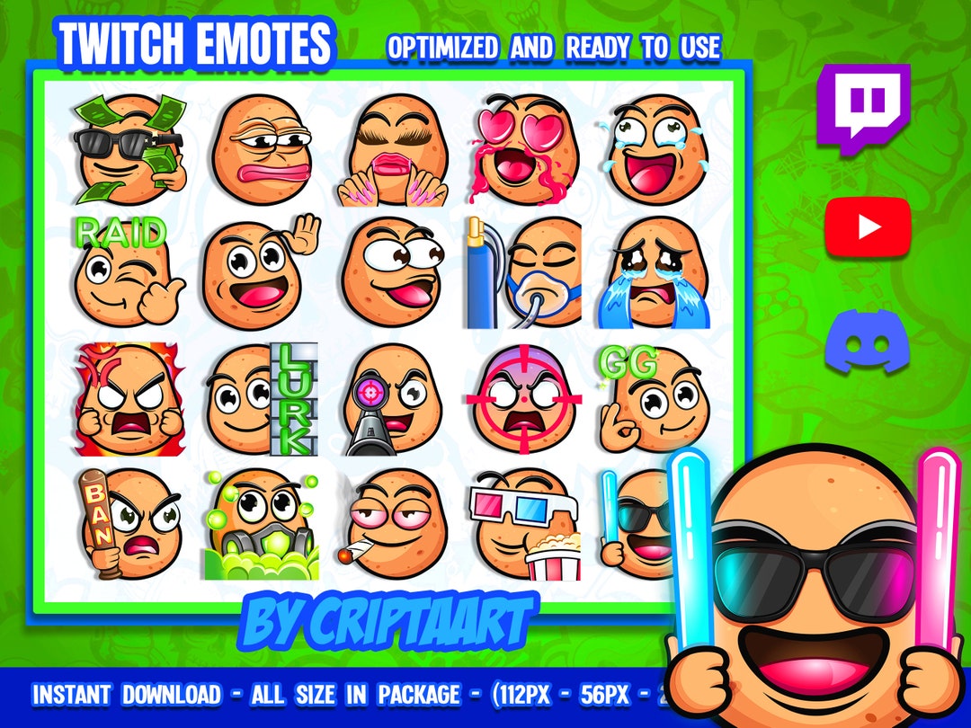 Twitch Emotes Mega Pack, Potato Emojis, Spud, Yam, Kawaii Icons for
