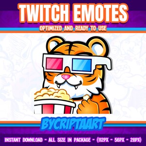 Puede incluir: Gráfico digital con un tigre de dibujos animados con gafas 3D y palomitas de maíz. El texto "TWITCH EMOTES" está en la parte superior, con "OPTIMIZED AND READY TO USE" debajo. El gráfico incluye el texto "BYCRIPTAART" y "INSTANT DOWNLOAD - ALL SIZE IN PACKAGE - (112PX - 56PX - 28PX)".