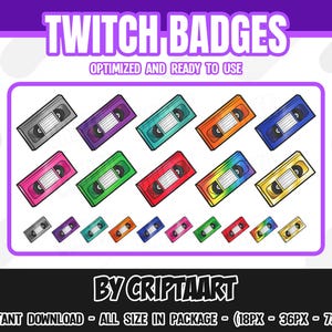 Cassette Tape Twitch Badges, Retro Movie Bit Badge, Subscribers, Cheers / Streaming, Discord, Kick, Youtube Loyalty