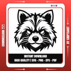 Puede incluir: Ilustración en blanco y negro de la cabeza de un mapache. La imagen presenta un dibujo detallado de la cara del mapache con líneas nítidas. Incluye el texto "INSTANT DOWNLOAD" y "HIGH QUALITY | SVG - PNG - EPS - PDF".