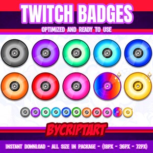 Puede incluir: Un conjunto de 12 insignias de Twitch en varios colores, incluidos negro, morado, verde, azul, rojo, naranja y amarillo. Las insignias están diseñadas con una forma circular y un contorno negro. El texto "TWITCH BADGES" se muestra en la parte superior de la imagen, y el texto "BYCRIPTART" se muestra en la parte inferior de la imagen.