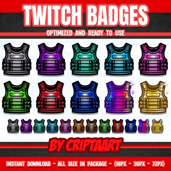 Armor Vest Twitch badges, bulletproof vest bit subs, gaming, shooter video game icon, gameplays stream, discord, youtube