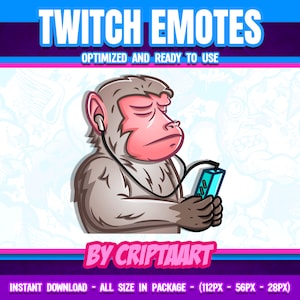 Puede incluir: Una ilustración de dibujos animados de un mono con auriculares y sosteniendo un dispositivo azul y blanco. El mono es gris con la cara rosa y está mirando hacia abajo al dispositivo. El fondo es un patrón azul claro y blanco.