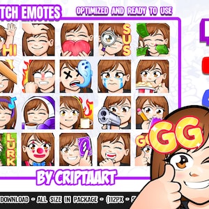 Émoticônes Twitch pour fille aux cheveux bruns / Yeux marron, Peau claire / Pâle, Pack d'émoticônes, Abonnés / Stream, Discord, Youtube