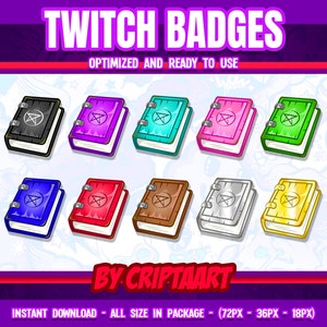 May include: Set of eight Twitch badges featuring a closed book with a pentagram symbol on the cover. The books are in various colors, including black, purple, blue, pink, green, red, brown, silver, and gold.