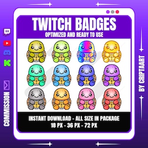 Puede incluir: Gráfico digital con doce insignias de tortugas coloridas para Twitch. Las insignias son de varios colores, incluyendo amarillo, verde y azul. El texto en la imagen dice "TWITCH BADGES" y "OPTIMIZED AND READY TO USE".