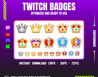 May include: A purple graphic with the text "TWITCH BADGES" and various crown designs. The image includes the text "OPTIMIZED AND READY TO USE" and "INSTANT DOWNLOAD (18PX - 36PX - 72PX)". The Etsy shop URL is also visible.