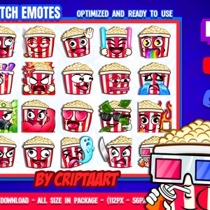 Popcorn Twitch-emoties Mega-pakket, fastfood-emoji, film, kanaalpunten Cinema - Stream, Discord, TikTok, YouTube