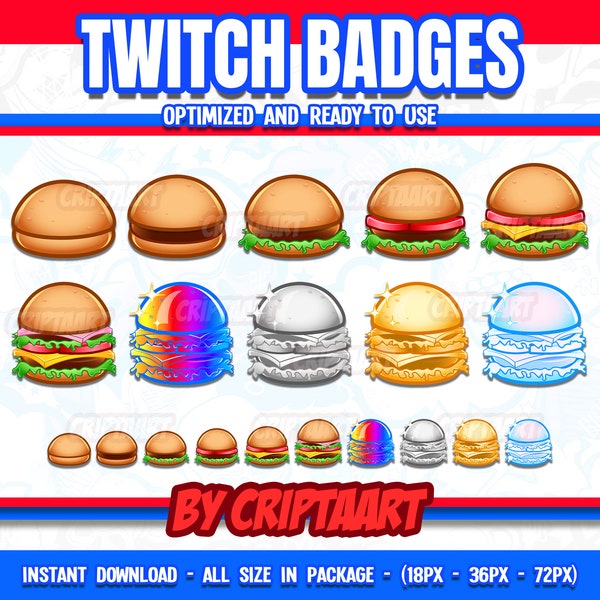 Hamburger Twitch Badges, Fast food Bit Badges, Burger Icons, Subscribers, Loyalty, Cheers, Discord Roles, items for stream, discord, youtube