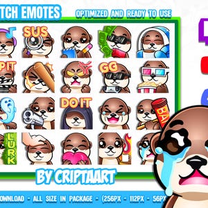 Otter Twitch Emotes Mega Pack, emoji, kawaii icons, Channel Points, items for streaming / Discord, Tiktok, Youtube, Kick