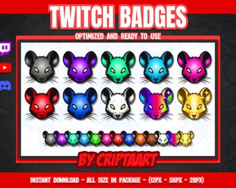 Rat Twitch Sub badges, Mice Bit Badges for streamers, mouse, Animals Cheer Badges, Channel points, Gamer stream