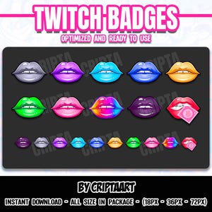 Puede incluir: Un conjunto de insignias de Twitch con forma de labios, en una variedad de colores. Las insignias incluyen tonos de gris, morado, azul, amarillo, verde, rosa y arcoíris, algunas con un condón. El texto "TWITCH BADGES" está en la parte superior.
