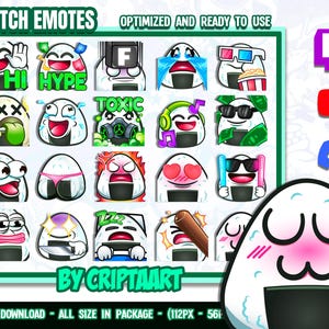 Pack d'émoticônes Twitch Onigiri, émoticônes, points de chaîne, cuisine japonaise / graphismes de stream, Discord, TikTok, YouTube