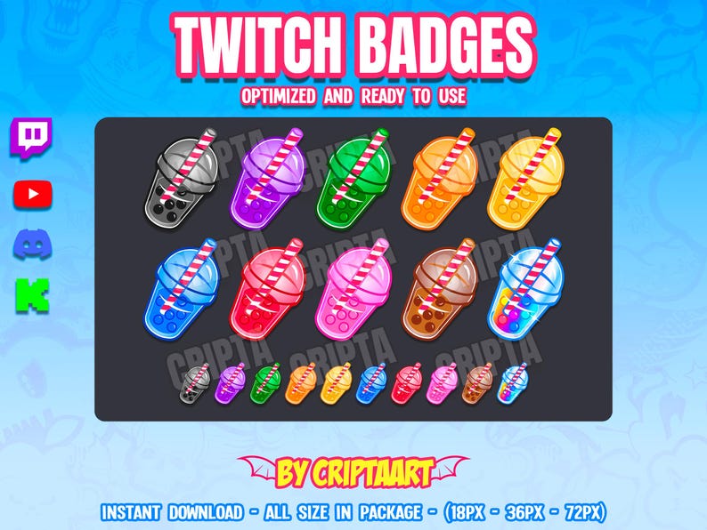 Bubble Tea Sub Badges for Twitch Discord - Kawaii Boba Drink Bit Badges ...