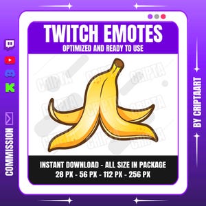 Puede incluir: Gráfico digital de un plátano pelado, diseñado como emote de Twitch. La imagen incluye el texto "TWITCH EMOTES" y "OPTIMIZED AND READY TO USE". También indica "INSTANT DOWNLOAD - ALL SIZE IN PACKAGE 28 PX - 56 PX - 112 PX - 256 PX".
