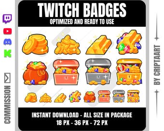 Gold Treasure Sub Badges for Twitch Discord - RPG Coin & Gem Bit Badges for Kick YouTube - Pirate Loot Stream Rewards