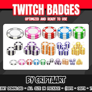 Badges Twitch pour jetons de poker, machines à sous, casino, abonnés, encouragements - Stream, Discord, Kick, YouTube, Tiktok