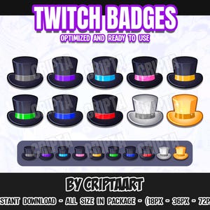Puede incluir: Conjunto de 10 insignias de chat de Twitch con sombreros de copa de dibujos animados en varios colores, incluidos negro, morado, azul, rojo, blanco, dorado y verde. Las insignias están optimizadas para su uso en Twitch.