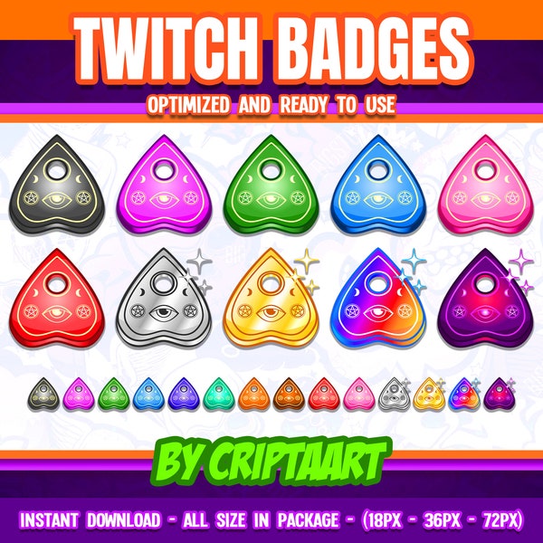 Ouija Twitch badges, witch item bit badges, horror movie icon, halloween, paranormal stream, discord, tiktok, youtube, kick