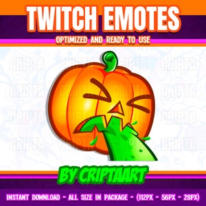 May include: A green and orange animated pumpkin emoji with a green tongue sticking out. The pumpkin has a wide-eyed, disgusted expression. The text "TWITCH EMOTES" is at the top of the image. The text "BY CRIPTAART" is at the bottom of the image.