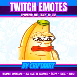 Puede incluir: Un plátano amarillo con un tallo verde y una expresión de sorpresa, usando gafas. El plátano es un emote de Twitch, optimizado y listo para usar. El texto "BY CRIPTAART" está debajo del plátano. El texto "INSTANT DOWNLOAD - ALL SIZE IN PACKAGE - (112PX - 56PX - 28PX)" está en la parte inferior de la imagen.