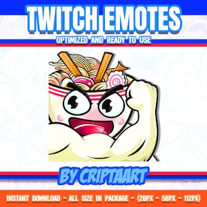 Puede incluir: Una ilustración de dibujos animados de un tazón de fideos ramen con una cara y brazos flexionados. El tazón es blanco con un borde rojo y los fideos son amarillos. La cara sonríe con una boca rosa y ojos blancos. Los brazos son blancos y las manos están cerradas en puños. El texto "TWITCH EMOTES" está en la parte superior de la imagen y el texto "BY CRIPTAART" está en la parte inferior de la imagen.