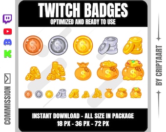Gold Coins Twitch Badges, Bit Badge, Vtuber Graphics / Stream, Discord, Kick, Youtube, Tiktok
