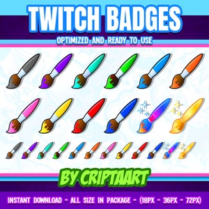 Puede incluir: Un conjunto de 18 insignias de Twitch que representan pinceles de varios colores, incluidos rojo, azul, verde, amarillo, naranja, rosa y morado. Algunos pinceles tienen brillo. Las insignias están optimizadas y listas para usar. El texto "TWITCH BADGES" está en la parte superior de la imagen, y el texto "BY CRIPTAART" está en la parte inferior de la imagen.