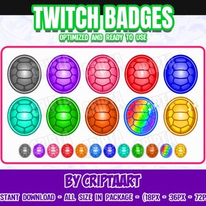 Turtle Shell Twitch badges, Tortoise Bit Badge, Aquatics, Cheer, Subscriber / Streamer Graphics, Discord, kick, Youtube, Tiktok