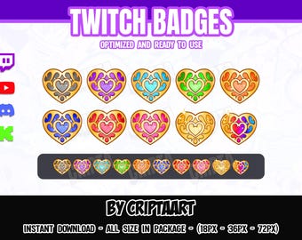 Gold Heart Sub Badges for Twitch Discord - Fantasy Royal Bit Badges for Kick YouTube - Magical Girl Heart Rewards