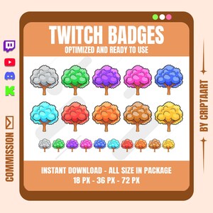 Puede incluir: Una colección digital de insignias de Twitch con ilustraciones de árboles en varios colores, incluyendo gris, verde, morado, rosa, azul, cian, rojo, naranja, marrón y amarillo. El texto dice TWITCH BADGES, OPTIMIZED AND READY TO USE, BY CRIPTAART, INSTANT DOWNLOAD - ALL SIZE IN PACKAGE, 18 PX - 36 PX - 72 PX.
