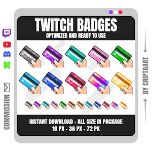 Könnte beinhalten: Ein Set digitaler Twitch-Badges mit Illustrationen von Kreditkarten in verschiedenen Farben wie Grau, Lila, Türkis, Pink, Grün, Blau, Rot und Gold. Der Text lautet TWITCH BADGES, OPTIMIZED AND READY TO USE und INSTANT DOWNLOAD.