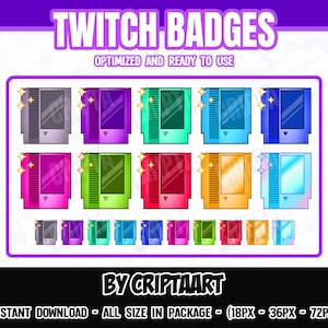 Twitchサブバッジ - レトロカートリッジピクセルバッジ、風変わりな80年代のストリームハイプ、サブスクライバー、YouTube、Discord、デジタルダウンロード