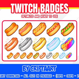 Hotdog Twitch Badges, Fast food Bit Badges, Snacks, Subscribers, Cheers, Discord Roles, items for stream, Youtube Loyalty