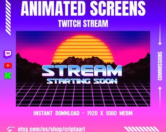 May include: A digital graphic for a Twitch stream, featuring a retro sunset design with the words "STREAM STARTING SOON." The background is a grid pattern with a purple and pink gradient. The text "ANIMATED SCREENS" and "TWITCH STREAM" are also displayed.