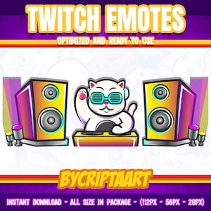 May include: A white cat with sunglasses is DJing with two large speakers. The cat is wearing a white shirt and has a pink nose. The speakers are yellow and purple with black speakers. The background is a purple and yellow gradient with a white border.