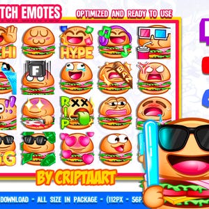 Hamburger Twitch Emotes Mega Pack, Burger, Channel Points Food / Streaming Graphics, Youtube, Discord, Tiktok
