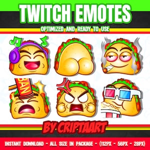 Twitch Emotes Pack, Taco, Channel Points Fast Food / Streamer Graphics, Discord, Youtube, Kick, Tiktok