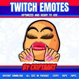 May include: A cartoon illustration of a potato with a pink mouth, pink eyelashes, and pink fingernails. The potato is wearing a pink lipstick and has a pink blush on its cheeks. The text "BY CRIPTAART" is below the potato.