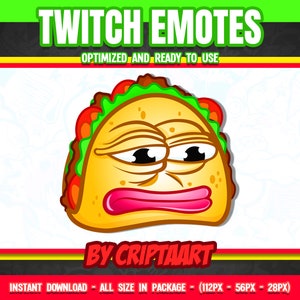 Puede incluir: Un emoticono de taco de dibujos animados con una expresión triste, con una concha amarilla, tomates rojos, lechuga verde y una boca rosa. La imagen incluye el texto "TWITCH EMOTES" y "OPTIMIZED AND READY TO USE". El nombre del artista "BY CRIPTAART" también es visible.