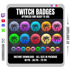 Puede incluir: Gráfico digital con insignias de Twitch con un diseño retro de puesta de sol y palmera. Las insignias son de varios colores, incluyendo azul, morado, naranja y rosa. El texto en la parte superior dice "Twitch Badges" y "Optimized and Ready to Use."