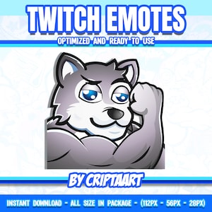 Puede incluir: Un lobo gris con ojos azules flexionando su bíceps. El lobo está sonriendo y tiene un pecho blanco. El texto "TWITCH EMOTES" está en la parte superior de la imagen. El texto "BY CRIPTAART" está en la parte inferior de la imagen.