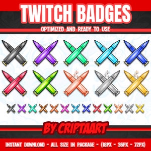 Puede incluir: Un conjunto de 12 insignias de Twitch con un diseño de bala cruzada en varios colores, incluidos negro, morado, verde, azul, azul claro, rojo, naranja, gris y dorado. Las insignias están optimizadas para su uso en Twitch.