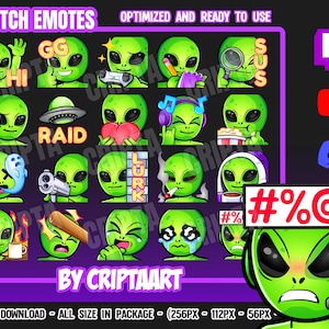 Puede incluir: Un conjunto de 18 emotes de Twitch de extraterrestres verdes con diferentes expresiones y acciones. Los emotes están optimizados y listos para usar. Los emotes incluyen "GG", "Raid", "Lurk", "Sus", "Hi", y más. Los emotes están diseñados en un estilo de dibujos animados y son perfectos para agregar personalidad a tus transmisiones de Twitch.