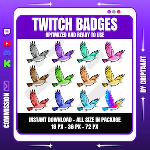 Puede incluir: Un gráfico digital con doce insignias de pájaros coloridos para streamers de Twitch. Las insignias son de varios colores, incluyendo gris, morado, verde, rosa, marrón, naranja, amarillo, rojo, azul y un degradado arcoíris. El texto incluye "TWITCH BADGES".